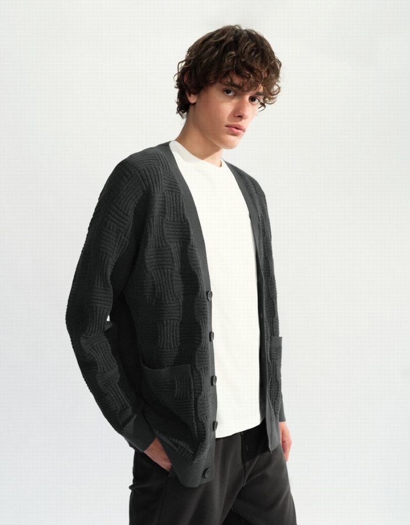 Dark Grey Men's Urban Revivo V-Neck Knitted Cardigan | UDN34100XJ