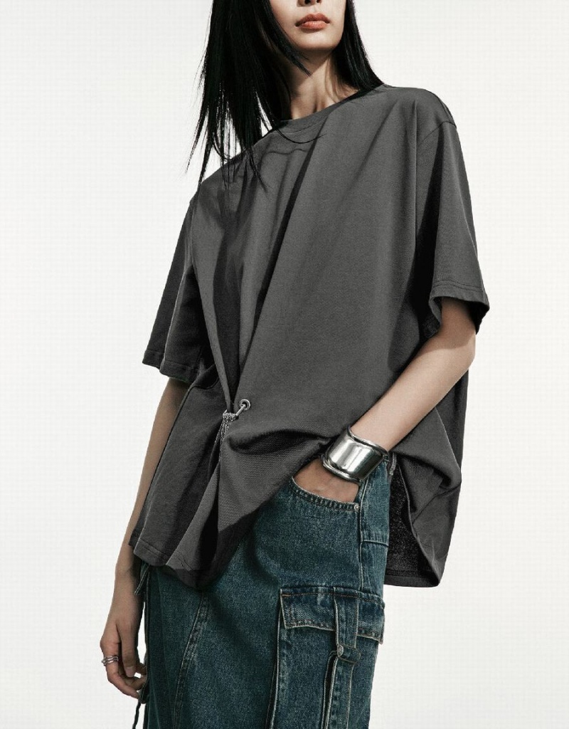 Dark Grey Women's Urban Revivo Drop Shoulder Sleeve Loose T Shirts | OFL9027CB