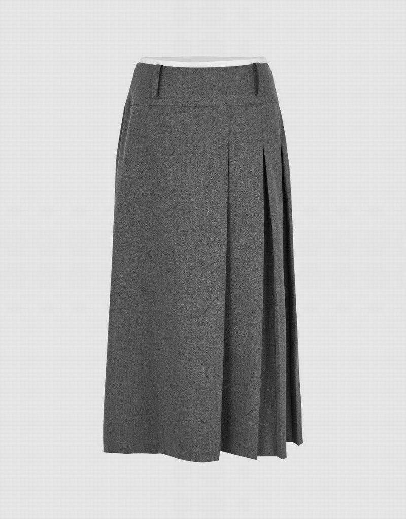 Dark Grey Women\'s Urban Revivo Pleated Midi A-Line Skirts | GVS8664TP