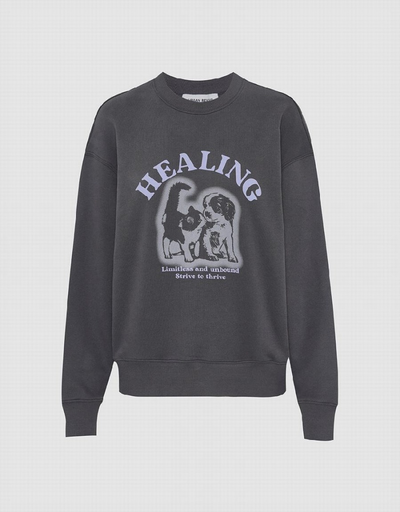 Dark Grey Women's Urban Revivo Printed Crew Neck Sweatshirts | HRH2655JU