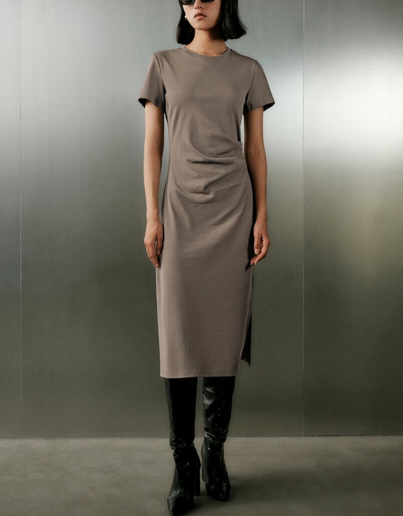 Dark Grey Women's Urban Revivo Ruched Crew Neck Straight Dress | GKD519IG