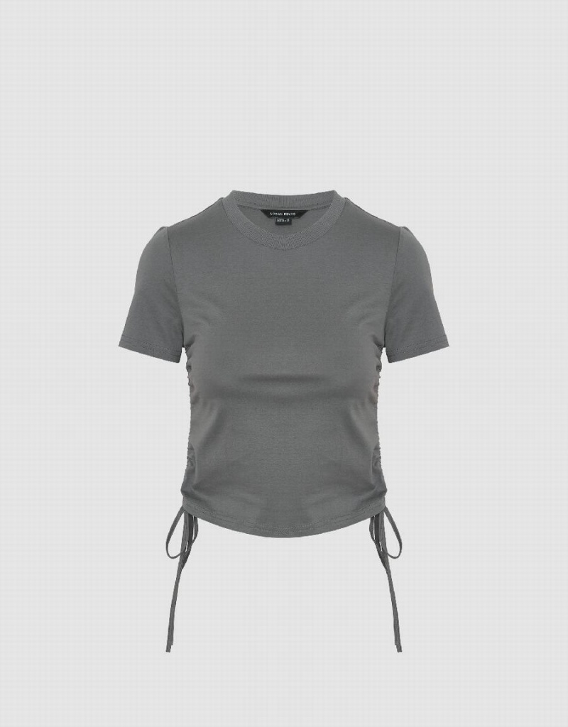 Dark Grey Women's Urban Revivo Tie Side Crew Neck Skinny T Shirts | WNG9095PV