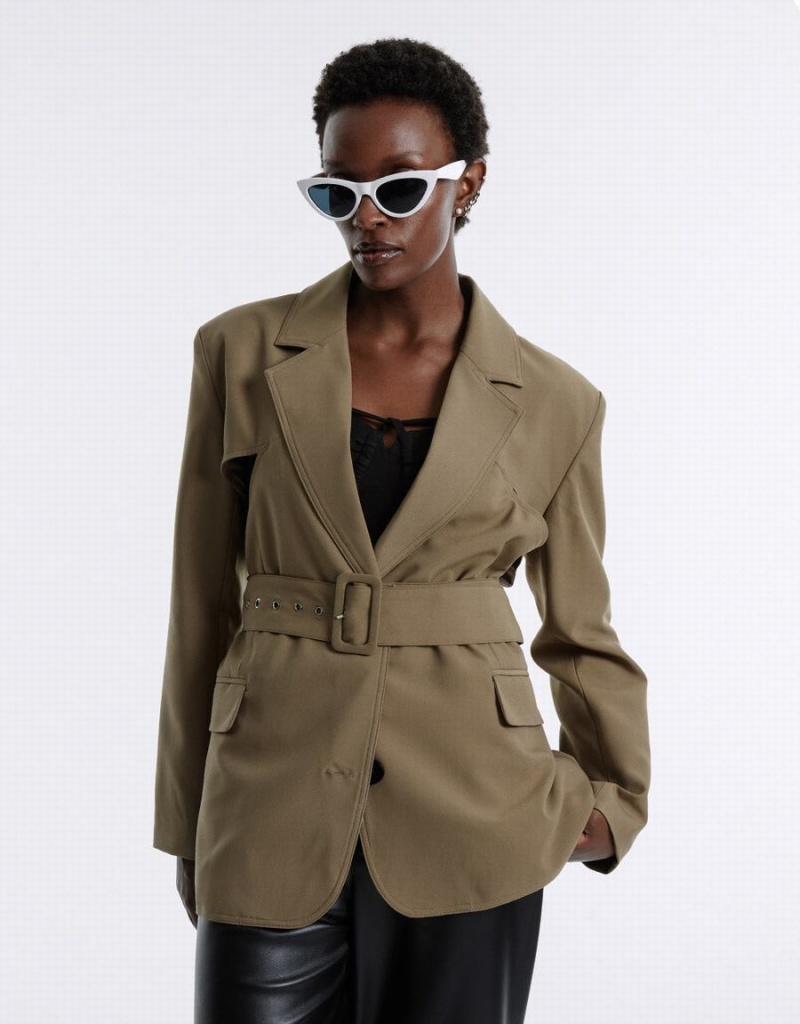 Dark Khaki Women's Urban Revivo Buckle Belted Blazers | LMS5966MZ