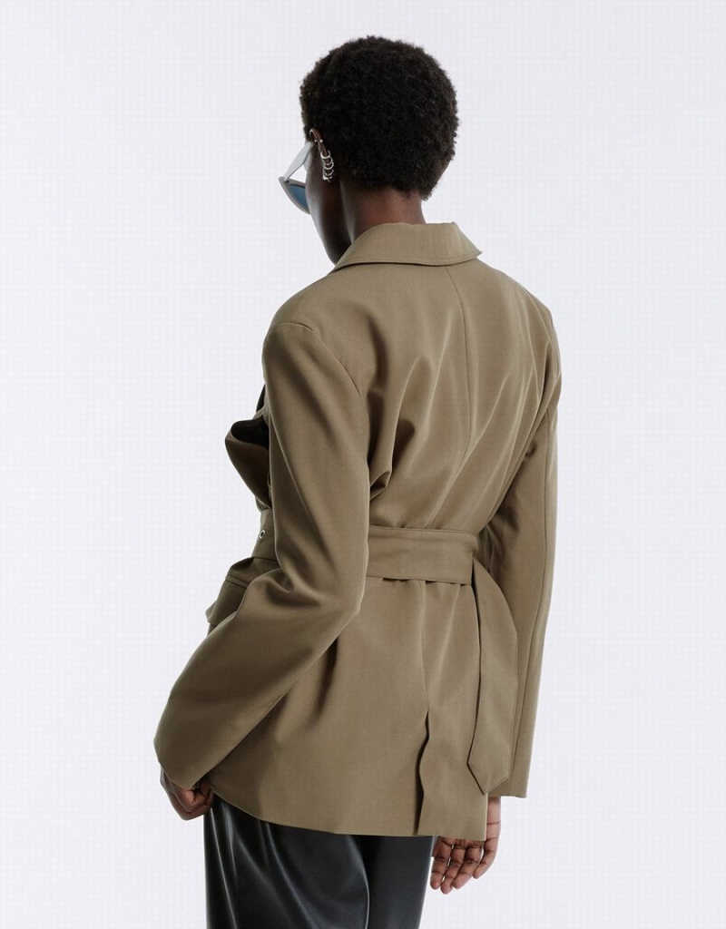 Dark Khaki Women's Urban Revivo Buckle Belted Blazers | LMS5966MZ