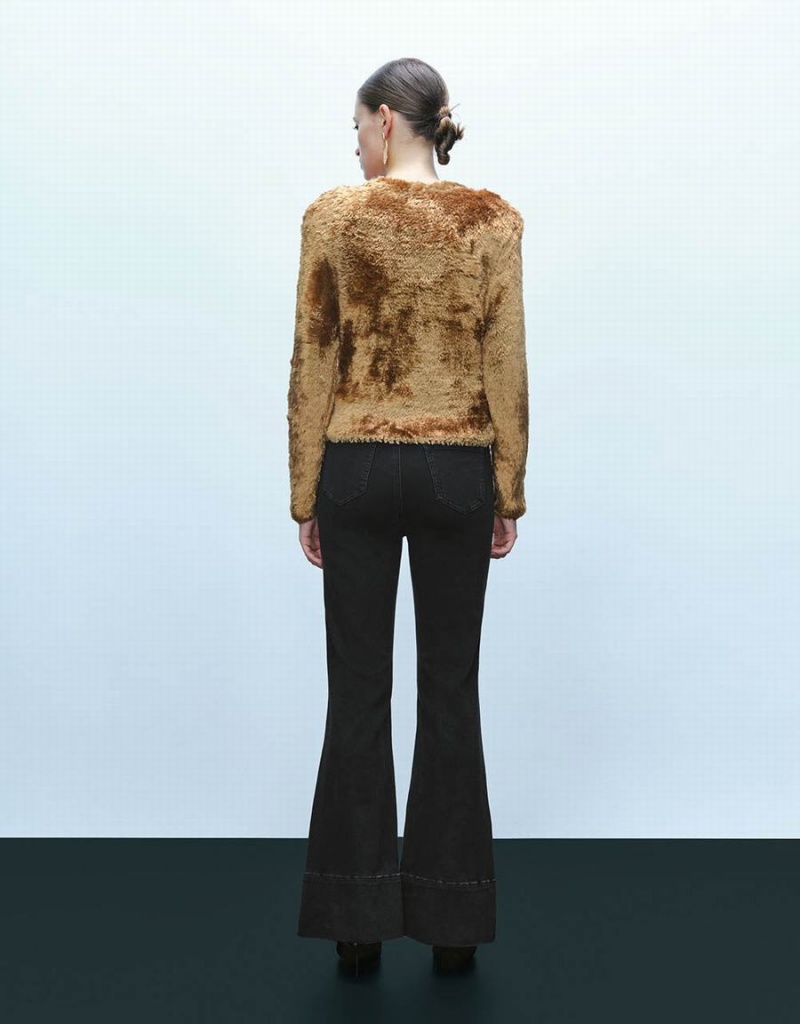 Gold Women's Urban Revivo Furry Crew Neck Knitted Cardigan | AIC262CC