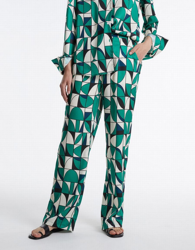 Green Black White Women's Urban Revivo Geometric Print Wide Leg Pants | WOV3358FT