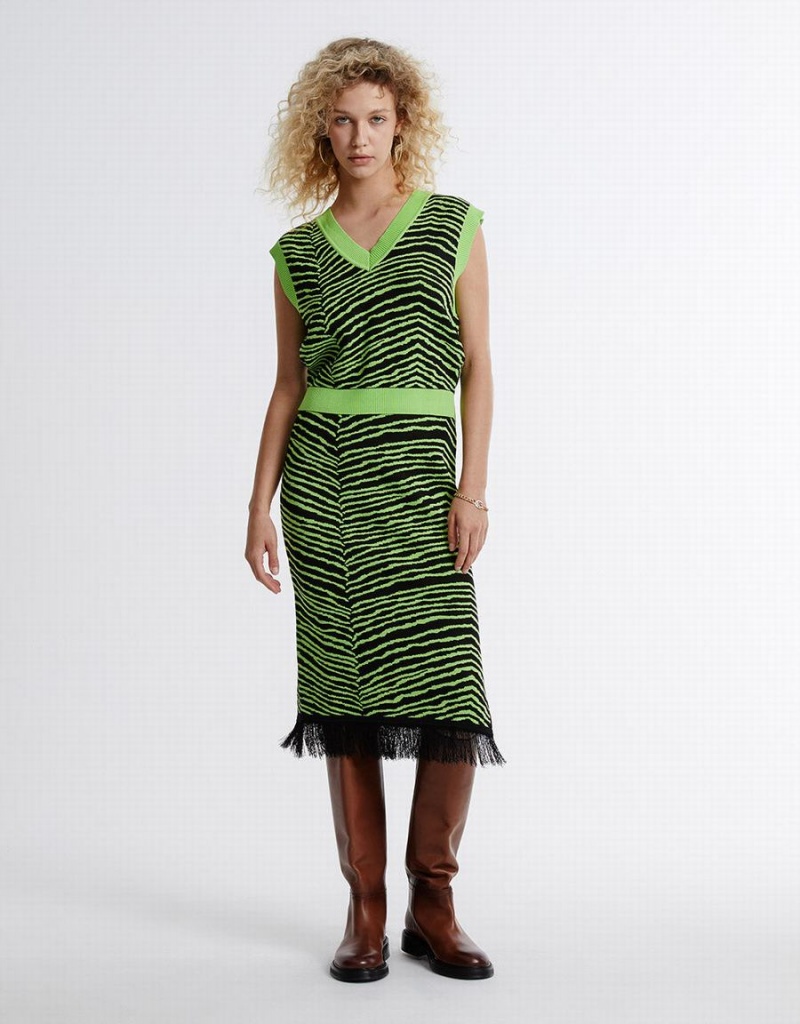 Green Black Women's Urban Revivo Striped Knitted Skirts | QKW9833MY