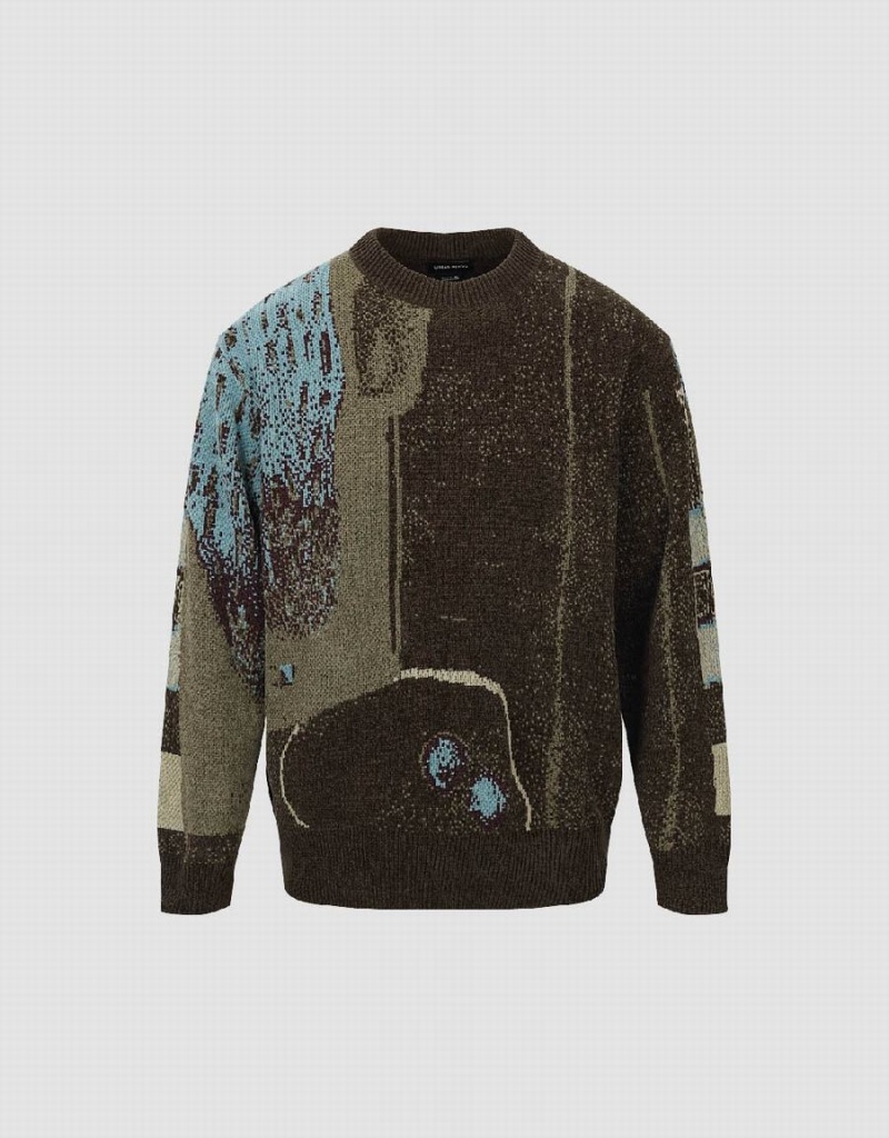 Green Brown Men's Urban Revivo Straight Printed Sweaters | IQC176MD