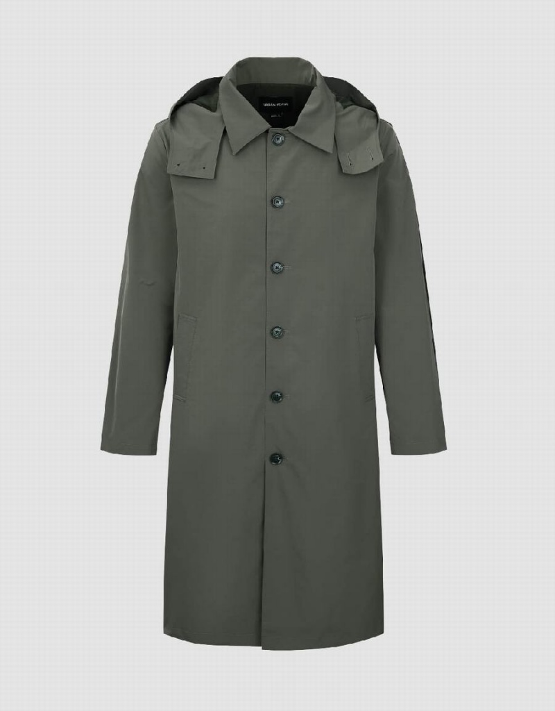 Green Men's Urban Revivo Button Up Hooded Trench Trench Coat | AZY7159GO