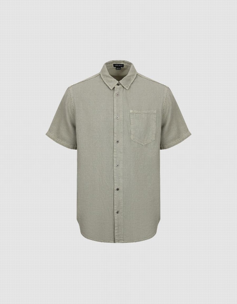 Green Men's Urban Revivo Button Up Loose Denim Shirts | HHN542KI