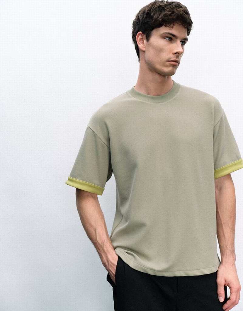 Green Men's Urban Revivo Crew Neck Knitted T Shirts | JSL267AI