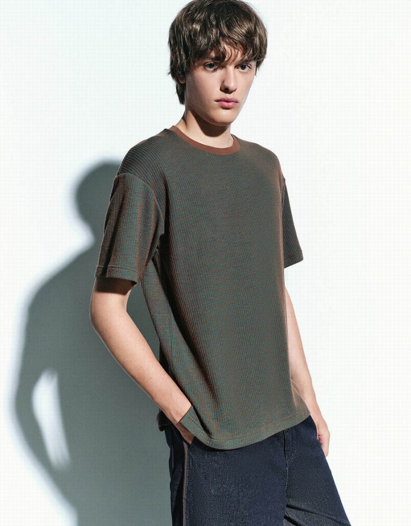 Green Men's Urban Revivo Crew Neck Knitted T Shirts | XUF1581QK