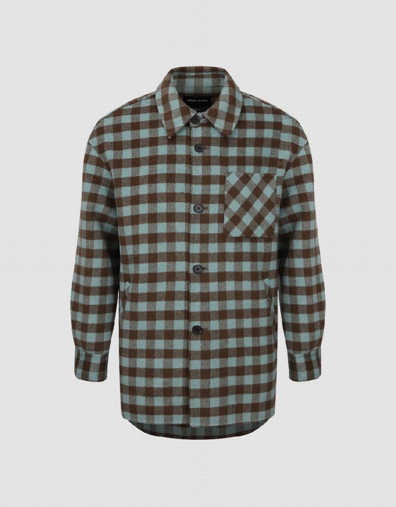 Green Men's Urban Revivo Plaid Straight Woolen Jackets | IXU164HM