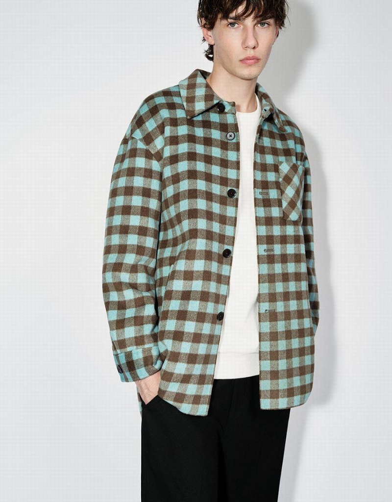 Green Men's Urban Revivo Plaid Straight Woolen Jackets | IXU164HM