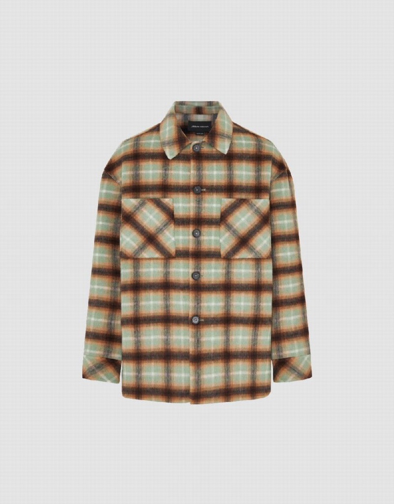 Green Men's Urban Revivo Plaid Straight Woolen Jackets | QQN2163MS