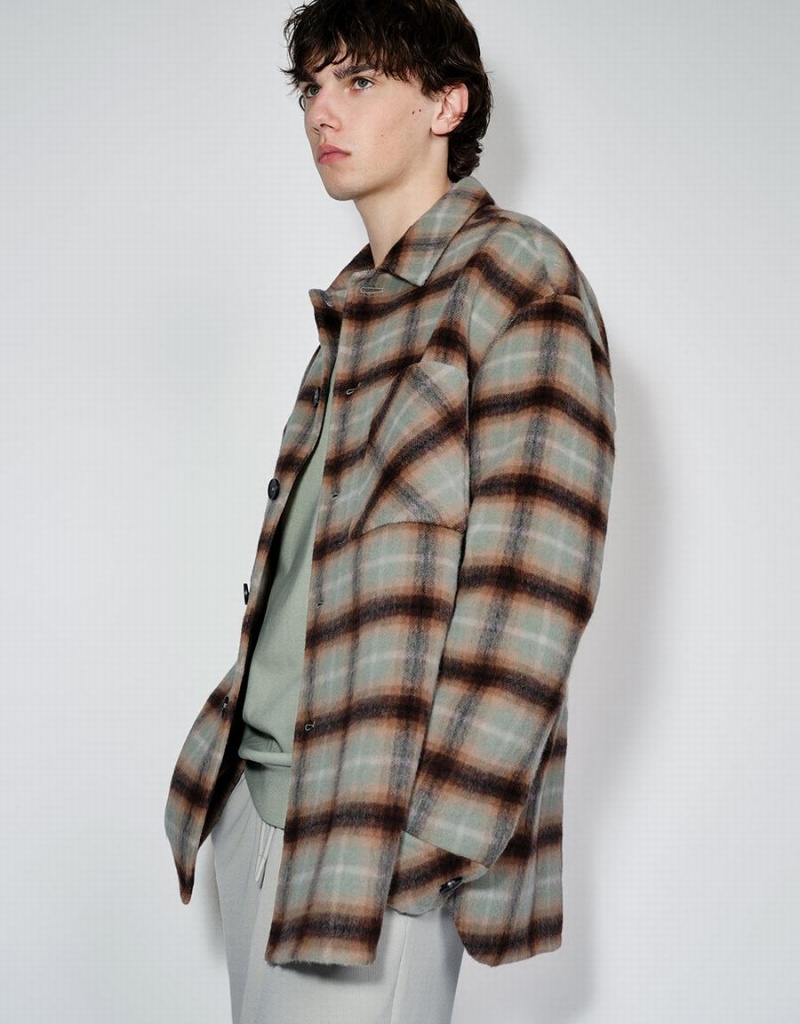 Green Men's Urban Revivo Plaid Straight Woolen Jackets | QQN2163MS