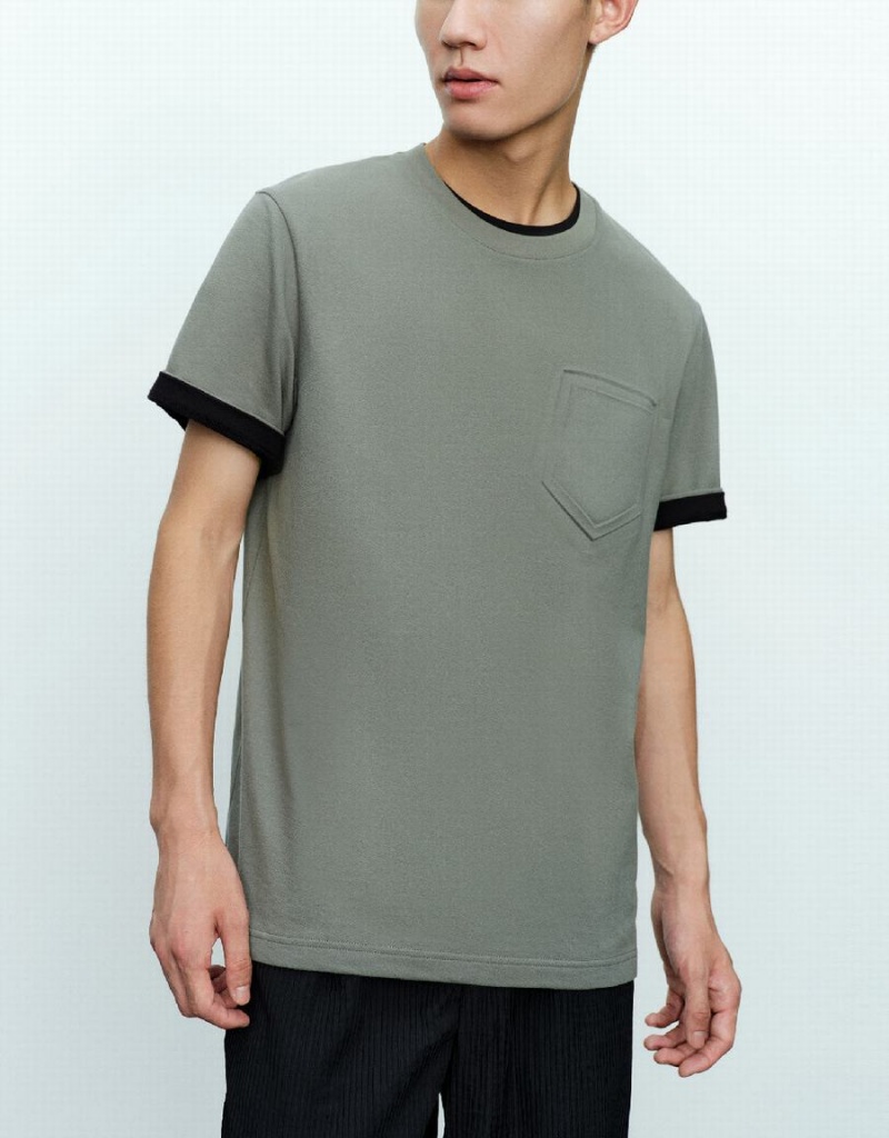 Green Men's Urban Revivo Straight Crew Neck T Shirts | QYB1729SG