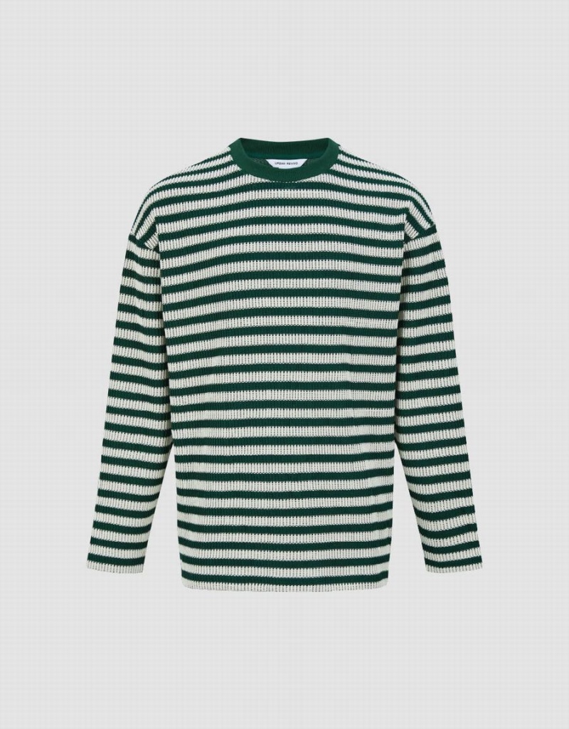 Green Men's Urban Revivo Striped Sleeve Crew Neck T Shirts | RIE4735EE