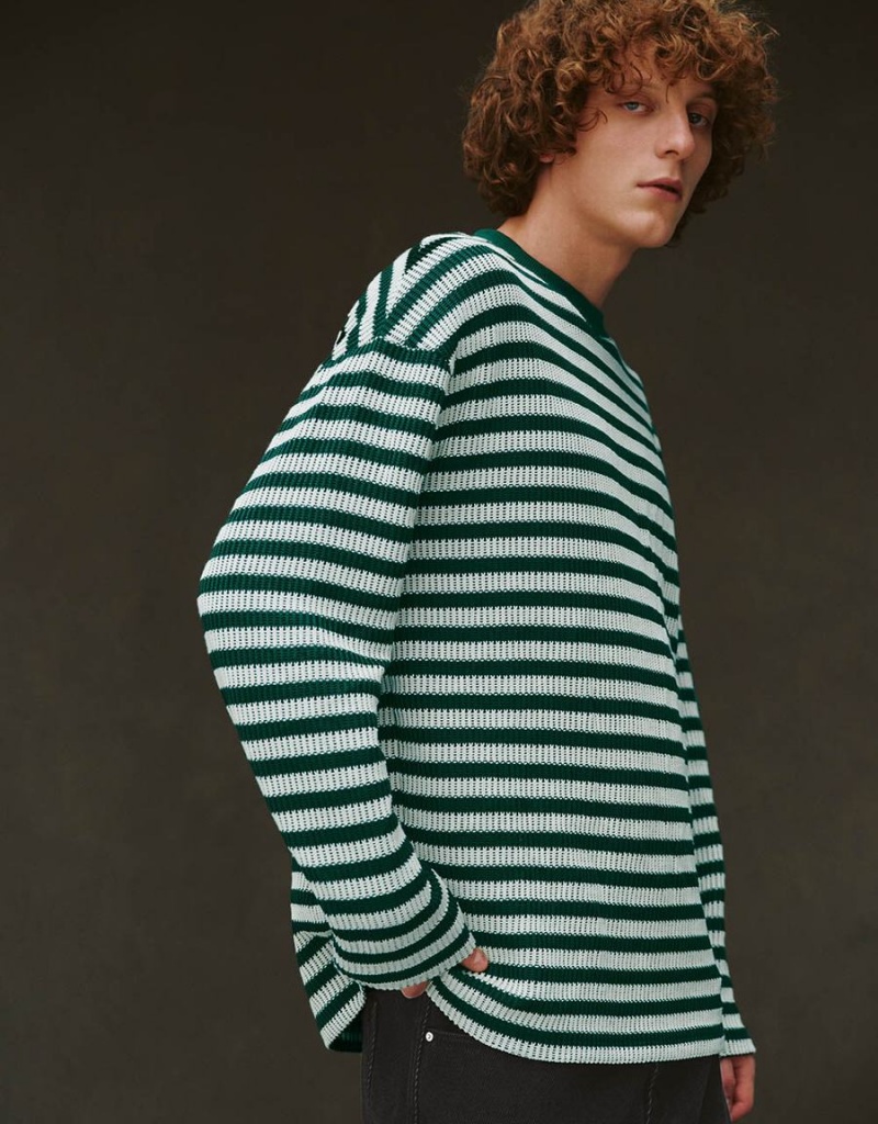 Green Men's Urban Revivo Striped Sleeve Crew Neck T Shirts | RIE4735EE