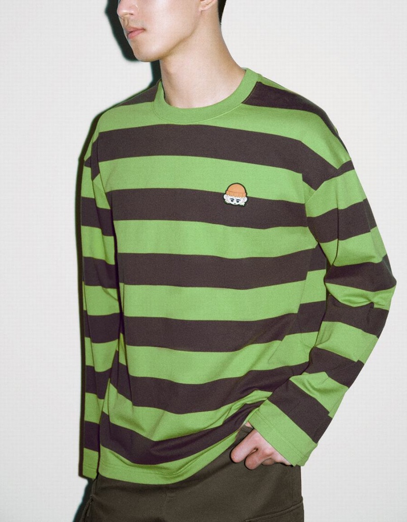 Green Men's Urban Revivo Striped Crew Neck Knitted T Shirts | WSU339RC