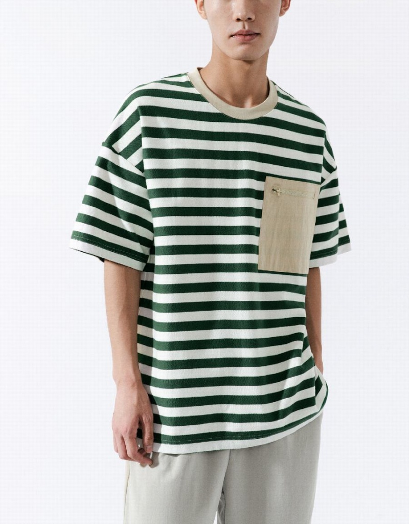 Green Men's Urban Revivo Striped Straight T Shirts | TWT601EZ