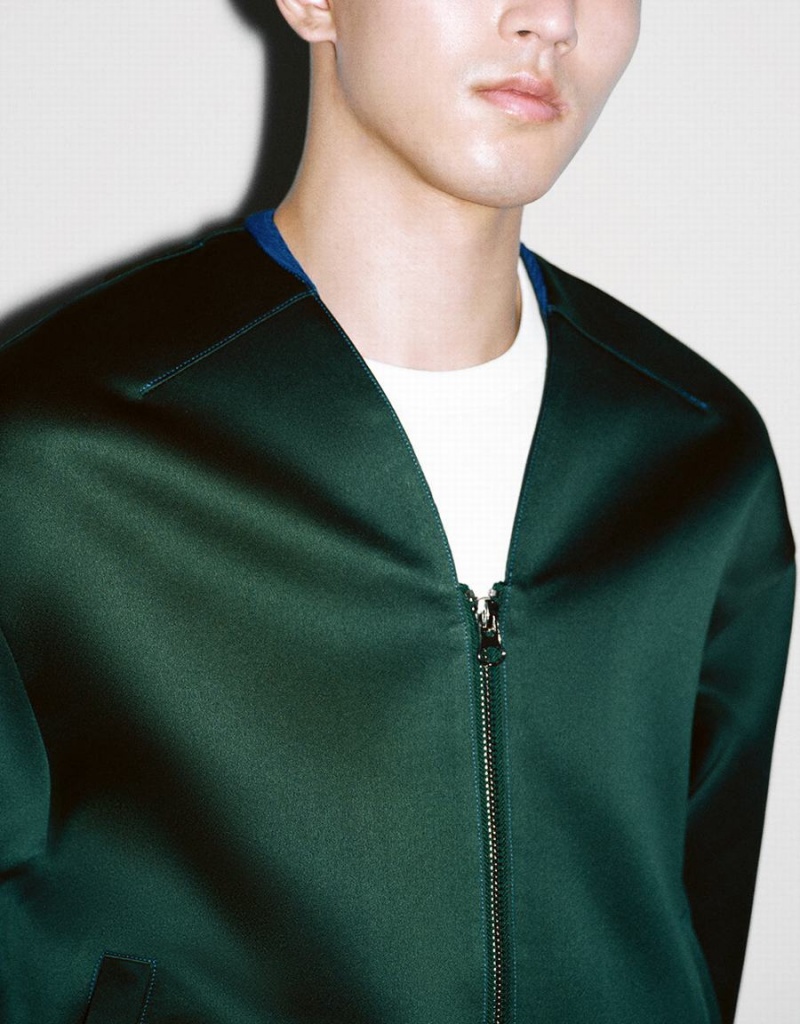 Green Men's Urban Revivo Zipper Front Oversized Jackets | BNM5361YW