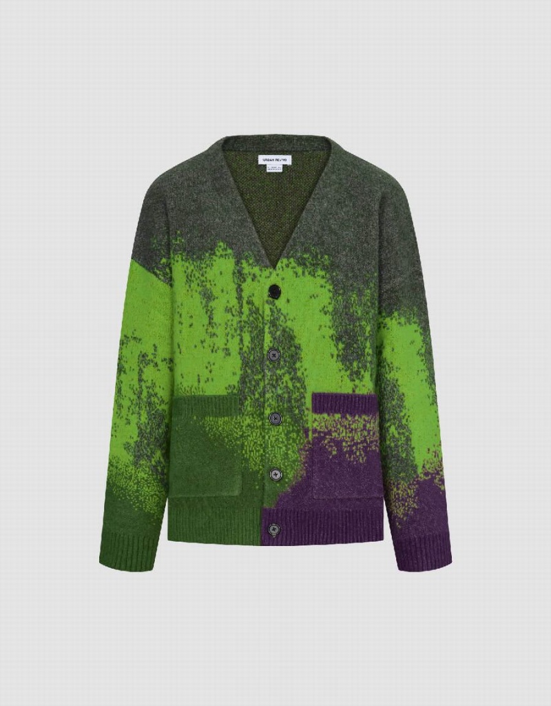 Green Purple Men's Urban Revivo Printed Knitted Cardigan | JEM9356DZ