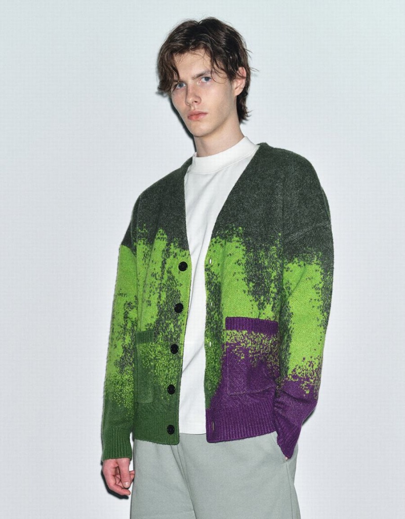 Green Purple Men's Urban Revivo Printed Knitted Cardigan | JEM9356DZ