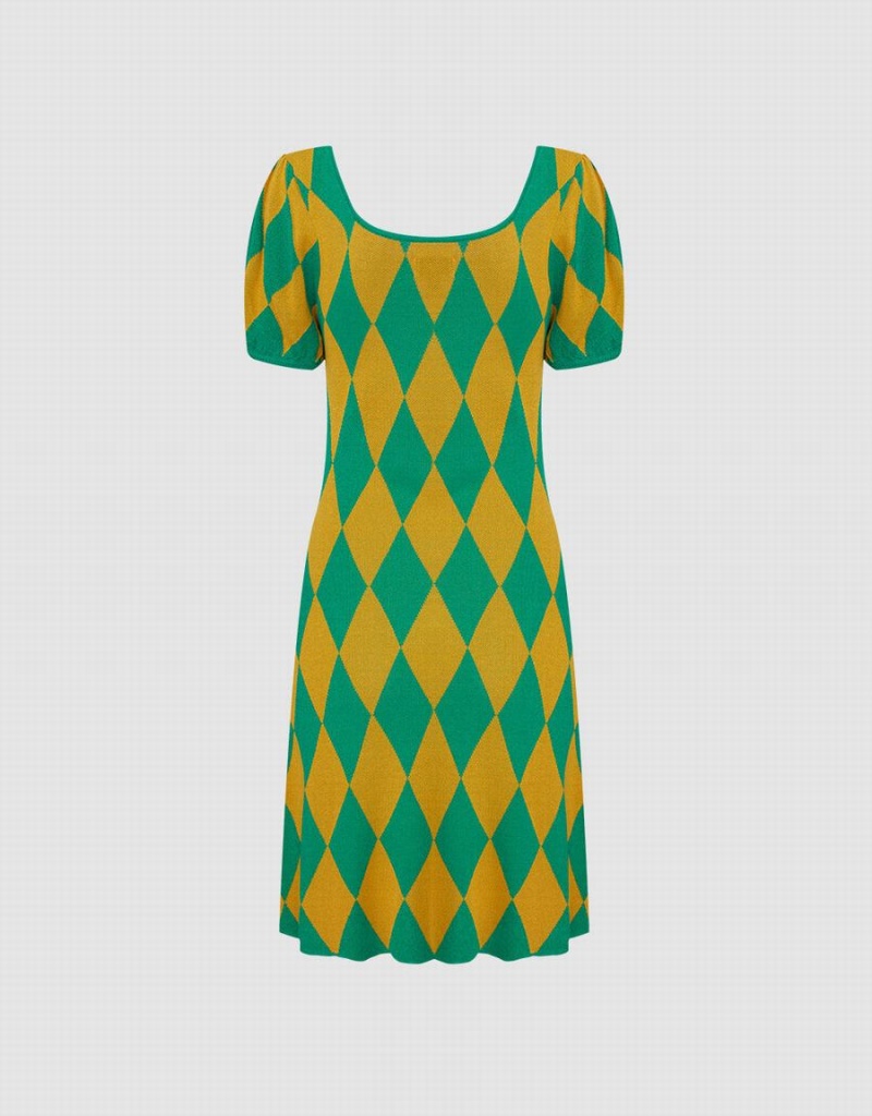 Green Women's Urban Revivo Argyle Knitted Dress | KRG5472OT