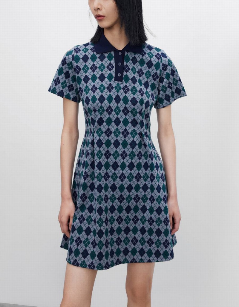 Green Women's Urban Revivo Argyle Printed A-Line Dress | RVJ3356LM