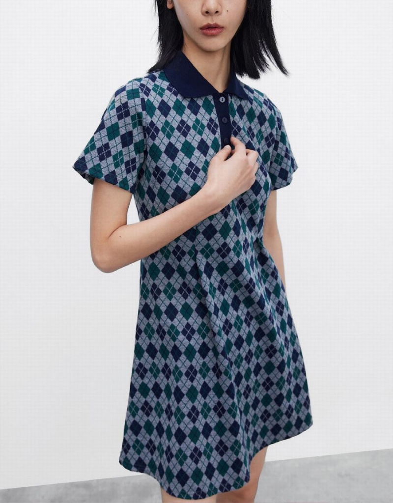 Green Women's Urban Revivo Argyle Printed A-Line Dress | RVJ3356LM