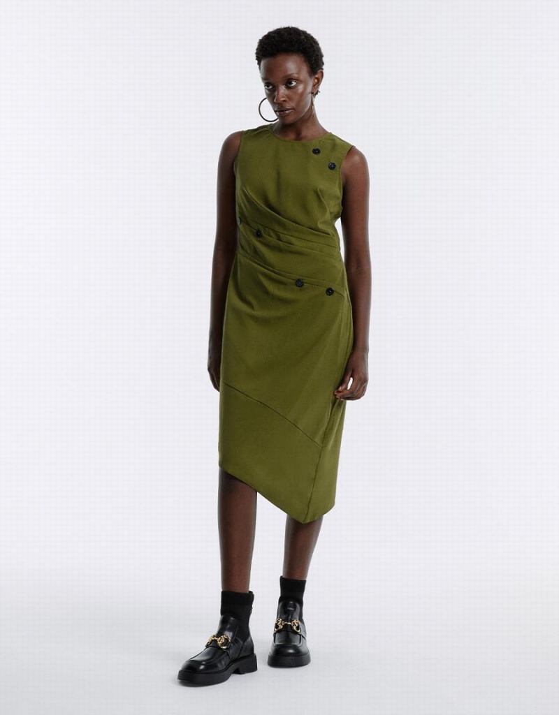 Green Women's Urban Revivo Asymmetrical Buttoned Midi Dress | FCO6098ME