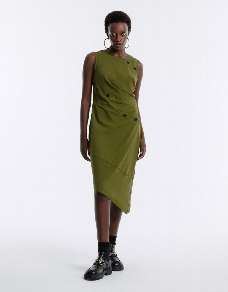 Green Women's Urban Revivo Asymmetrical Buttoned Midi Dress | FCO6098ME