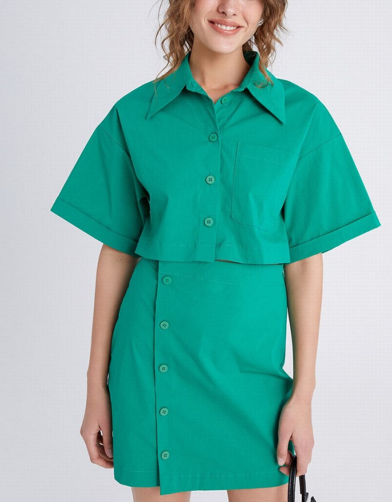 Green Women's Urban Revivo Button Down A-Line Collar Dress | RLM2328SI