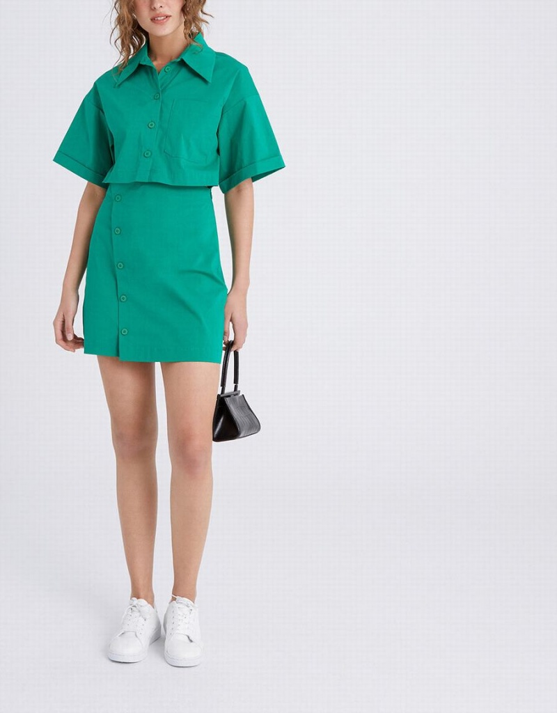 Green Women's Urban Revivo Button Down A-Line Collar Dress | RLM2328SI