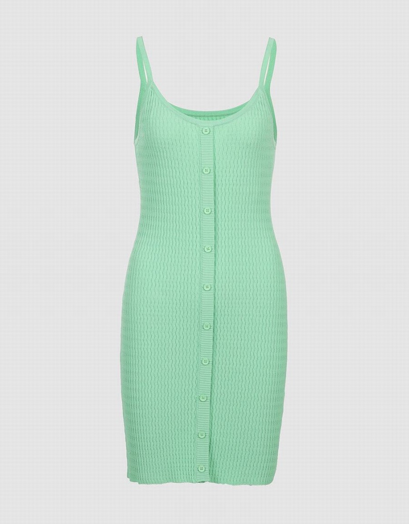 Green Women\'s Urban Revivo Button Front Ribbed Knit Cami Dress | GEG8071RJ