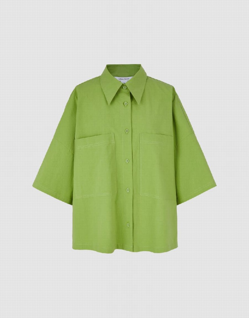 Green Women's Urban Revivo Button Up A-Line Shirts | ZEE4139ZR