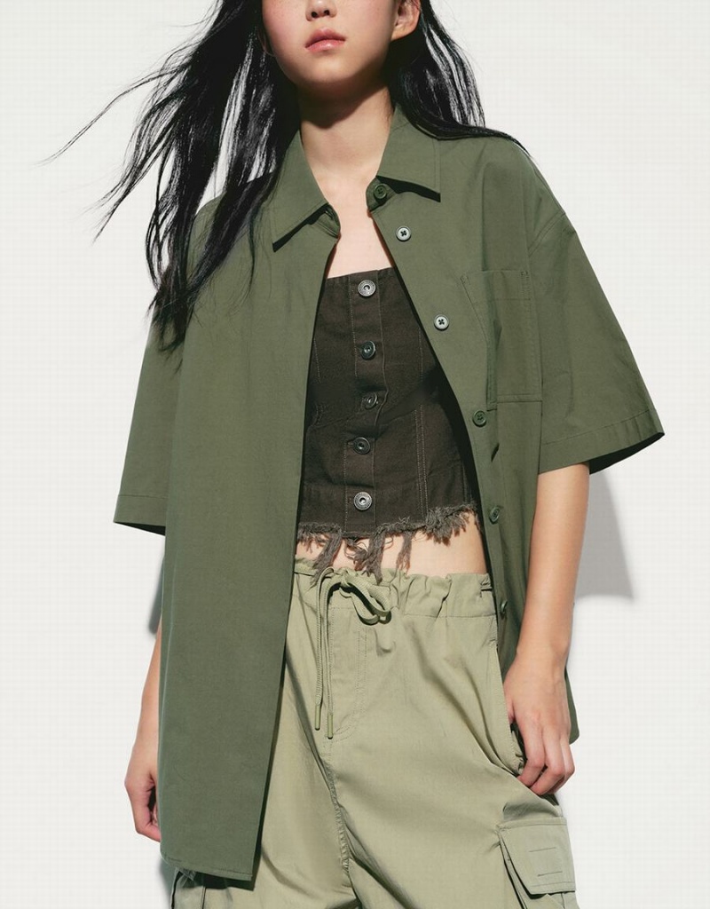 Green Women's Urban Revivo Button Up Loose Shirts | XKI3596WV