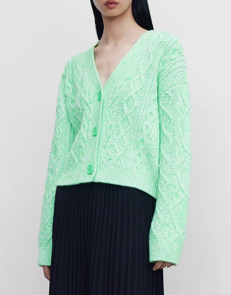 Green Women's Urban Revivo Cable Knit V Neck Button Up Cardigan | IKR6317EB