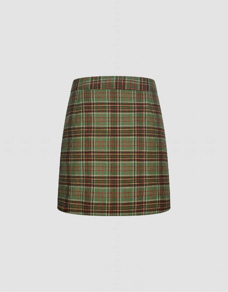 Green Women's Urban Revivo Checkered Mini A-Line Skirts | WUT3957VL