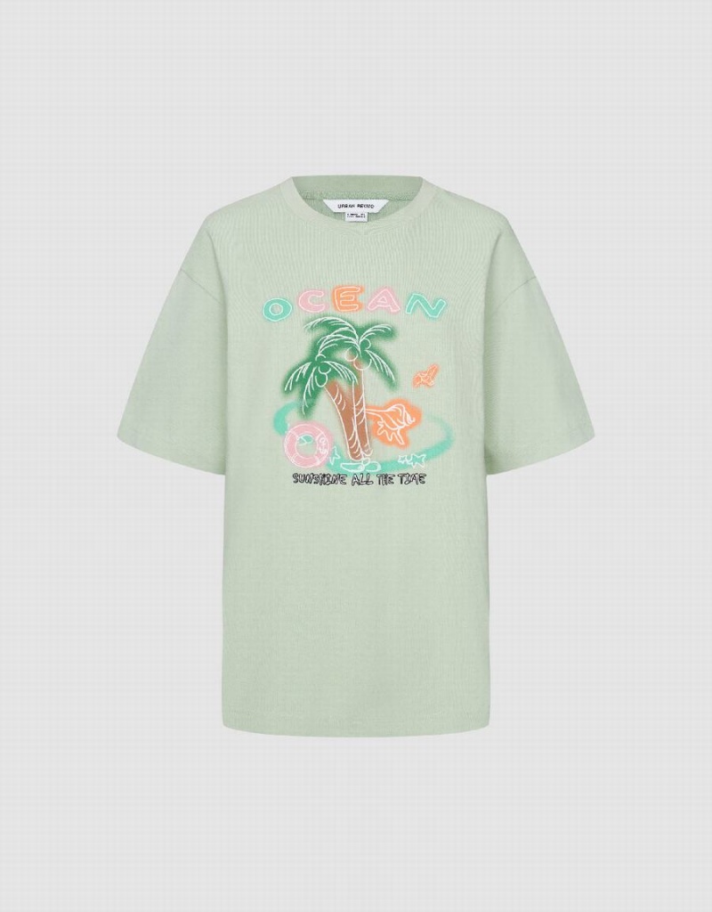 Green Women's Urban Revivo Coconut Tree Printed Crew Neck T Shirts | YUQ7166RC