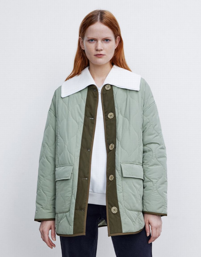 Green Women's Urban Revivo Combination Quilted Puffer Jacket | DER1730ID