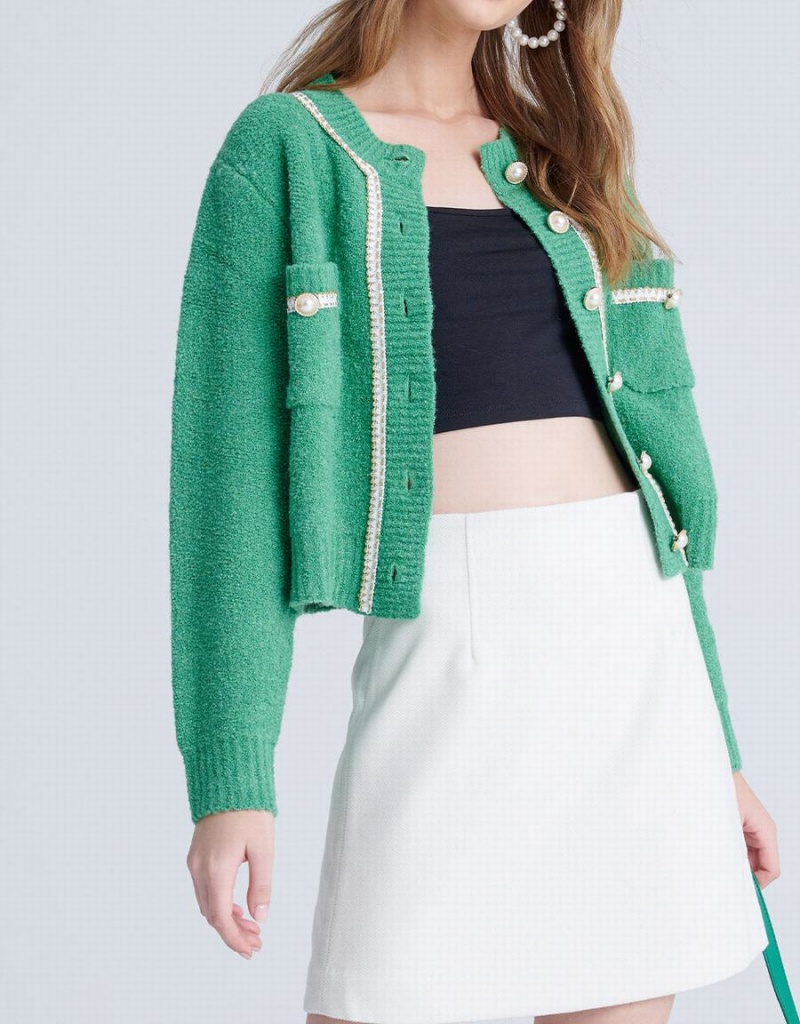 Green Women's Urban Revivo Contrast Trim Faux Pearl Button Cardigan | ODG3684DU