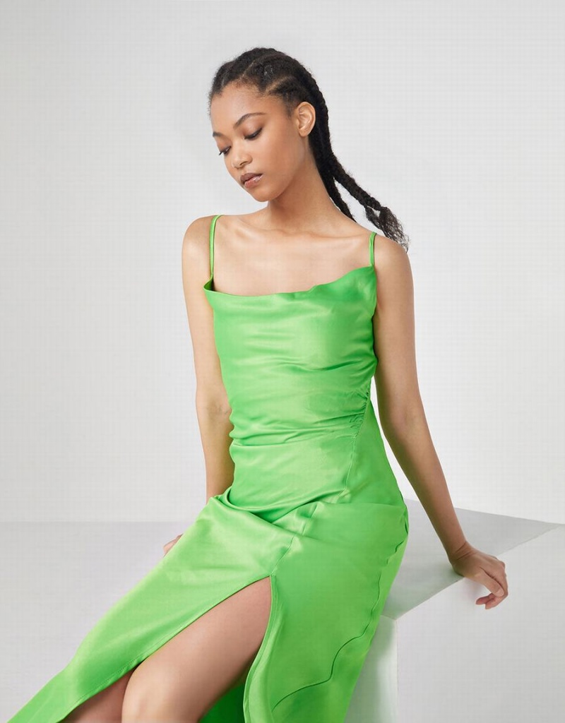 Green Women's Urban Revivo Cowl Neck Split Hem Cami Dress | QDB1689QW