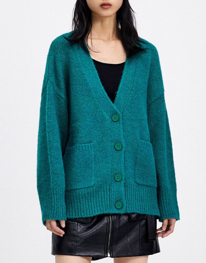 Green Women's Urban Revivo Drop Shoulder Patched Pocket Button Up Cardigan | ASU895RG