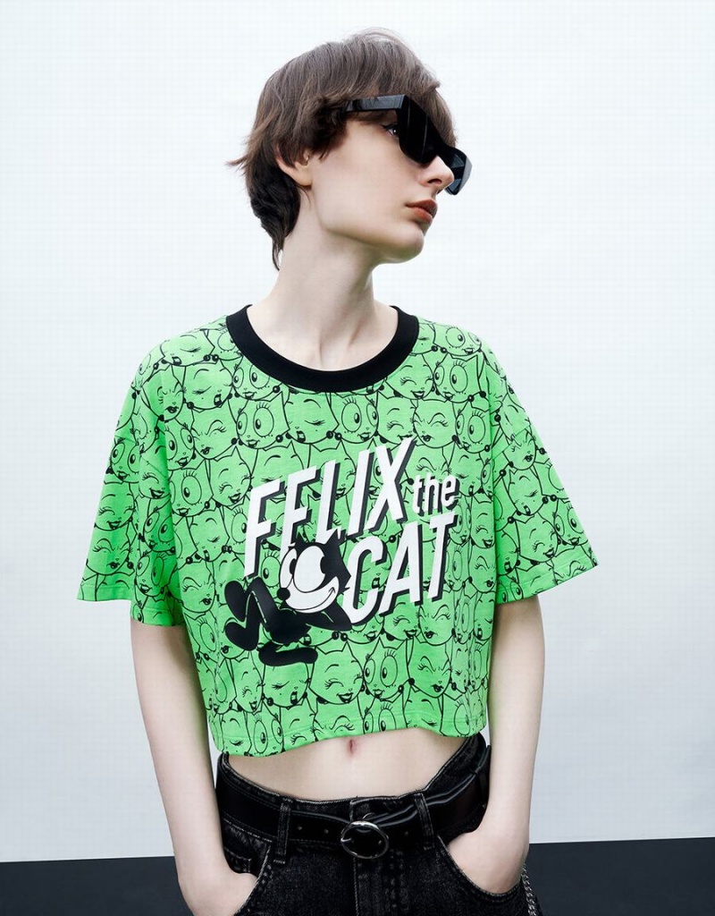 Green Women's Urban Revivo Felix The Cat Printed Crew Neck T Shirts | NTP7858QH