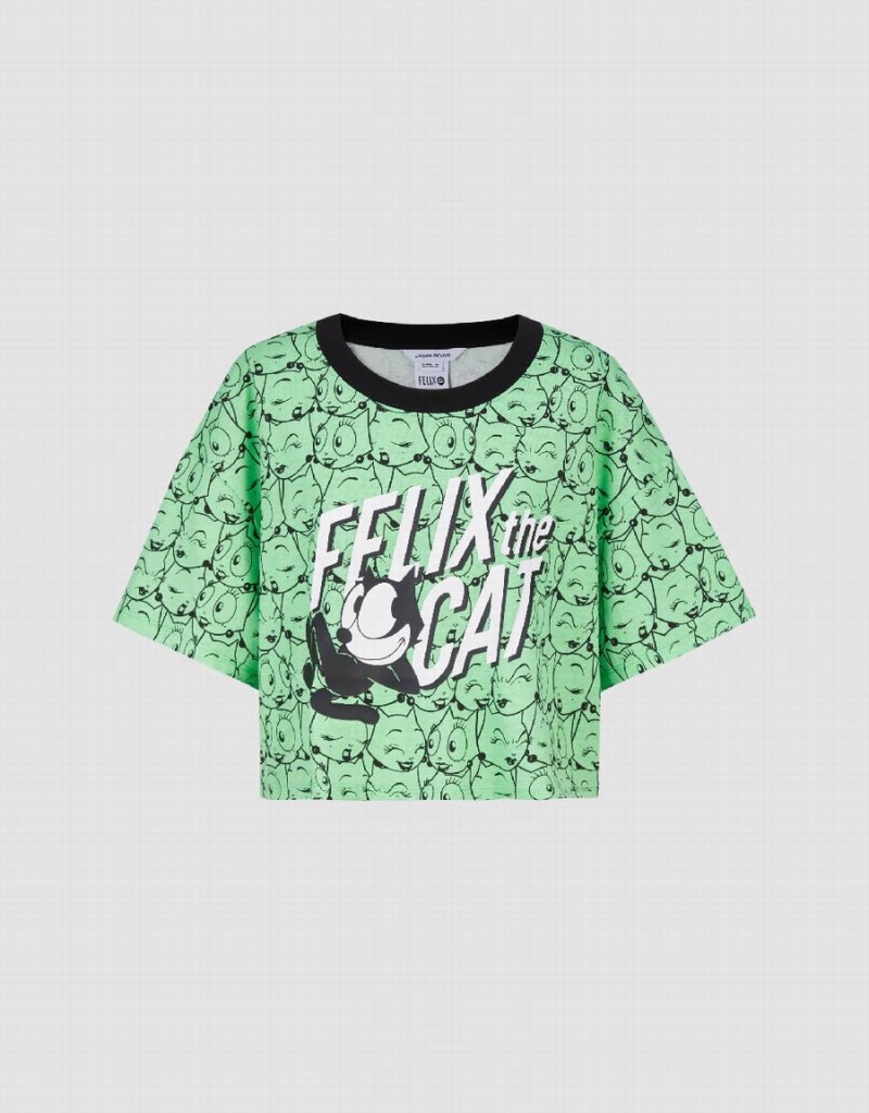 Green Women's Urban Revivo Felix The Cat Printed Crew Neck T Shirts | NTP7858QH