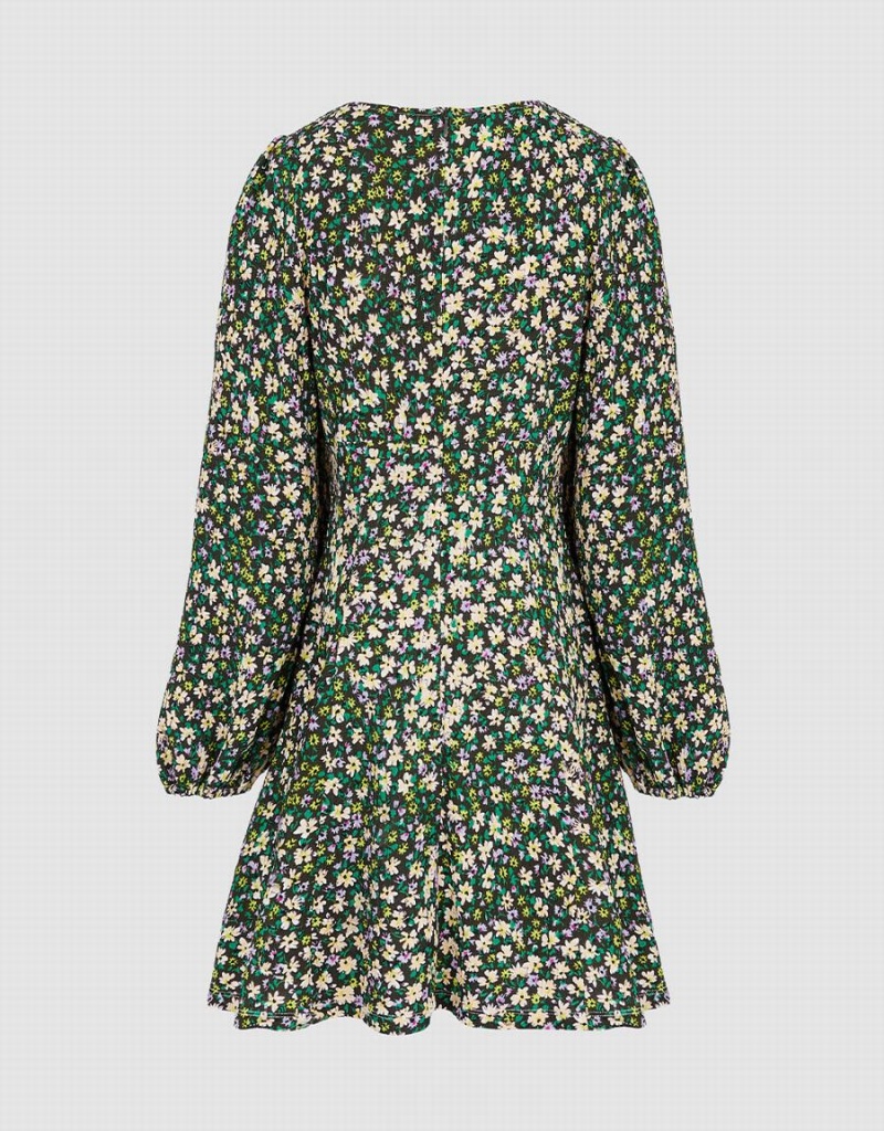 Green Women's Urban Revivo Floral Print Sweetheart Long Sleeve Dress | QSA2889LN