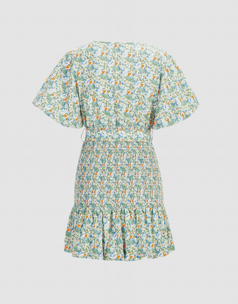 Green Women's Urban Revivo Floral Print Shirred Belted Dress | CJR9984ZP