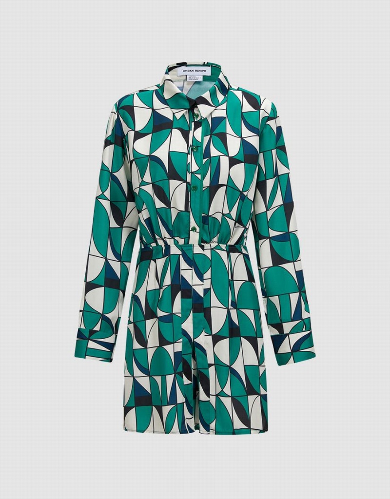 Green Women's Urban Revivo Geometric Print Dress | BGN9937RN